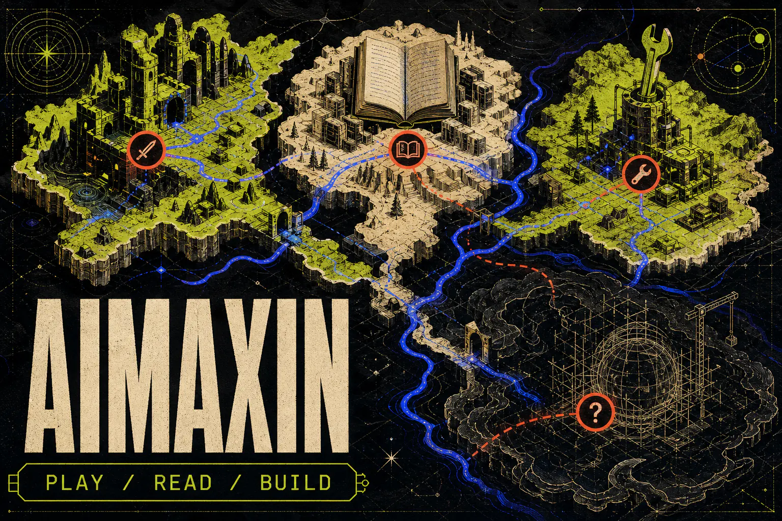 AIMAXIN's connected digital playground rendered as a luminous network of games, stories, and experiments